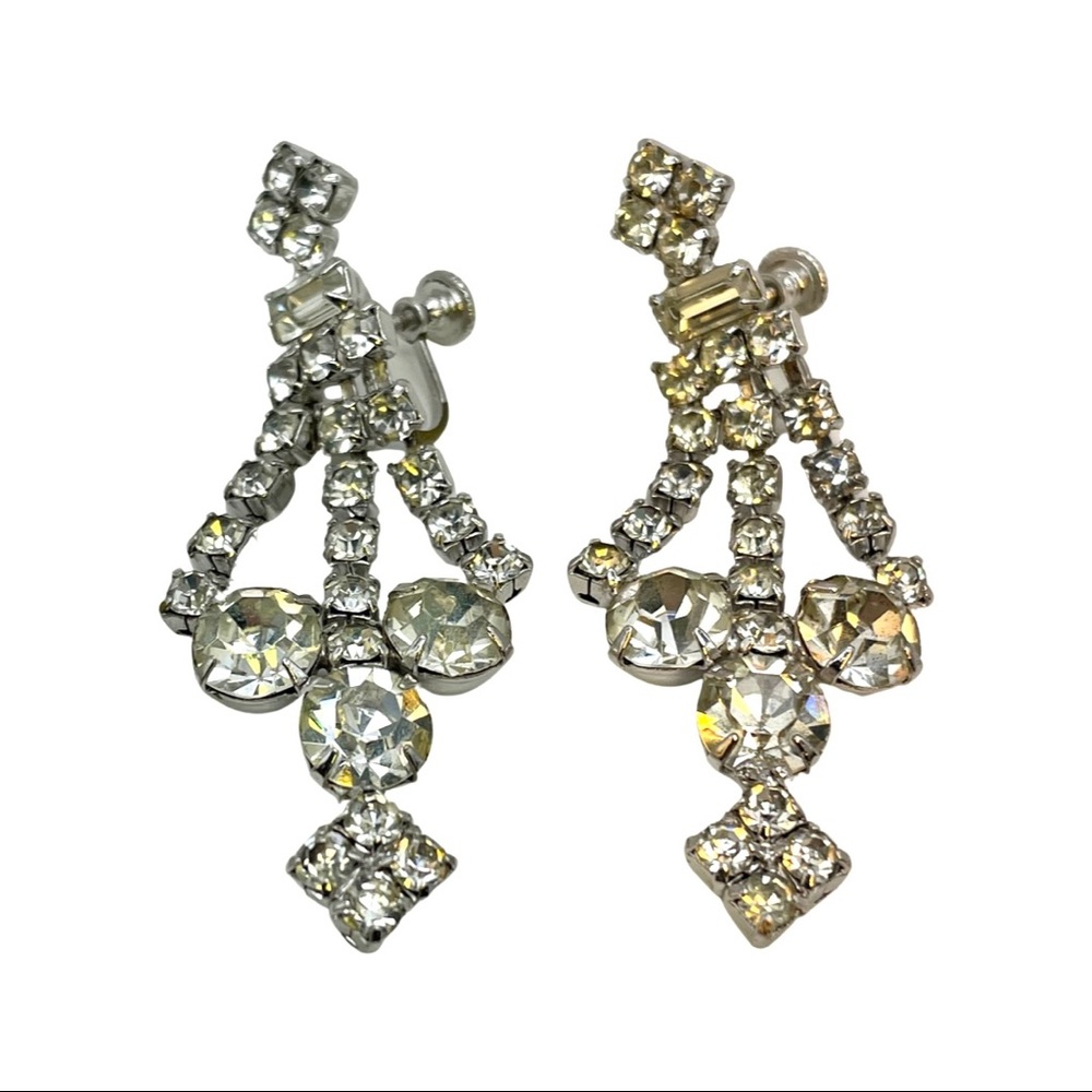 Vintage Rhinestone Dangle Earrings Clear White Screwback Unpierced